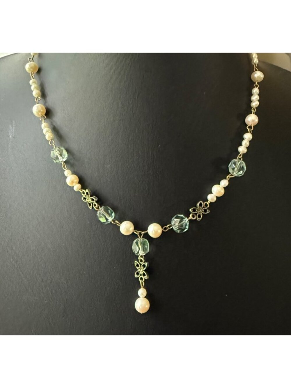 Vintage Inspired Pearl Crystal Necklace Gold Toned Lariat